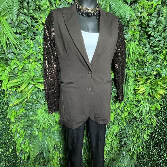 Diane Gilman Women Jacket Medium Brown Sequin Sleeve Blazer Relaxed Fit DG2 - Picture 7 of 11